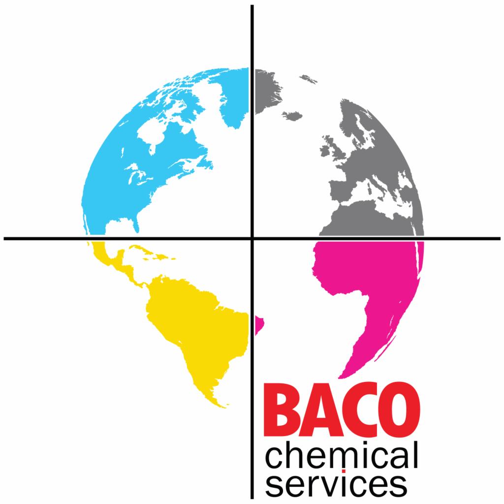 Logo firmy BACO chemical services z grafiką przedstawiającą podzieloną na cztery części kolorową mapę świata.