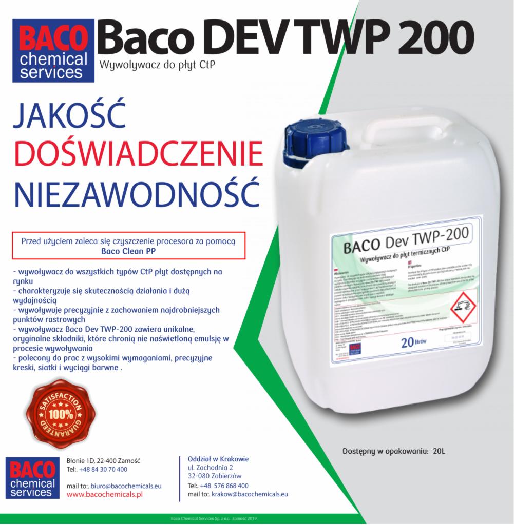 Kanister 20L z wywoływaczem do płyt termicznych CtP Baco Dev TWP-200, etykieta z informacjami o produkcie i logo producenta Baco Chemical Services.