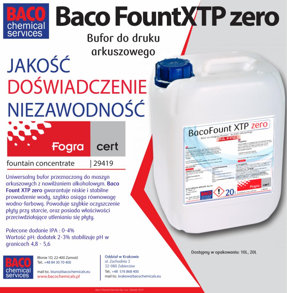 Kanister z buforem do druku arkuszowego Baco FountXTP zero, z informacjami o zastosowaniu i certyfikatach jakości.