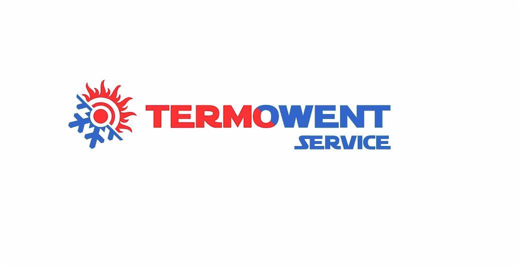 Logo firmy Termowent Service z symbolem słońca i płatka śniegu, nazwa firmy w kolorze czerwono-niebieskim, napis 'Service' mniejszą czcionką.