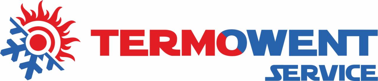 Logo firmy Termowent Service z symbolem słońca i płatka śniegu, czerwono-niebieski napis na białym tle.