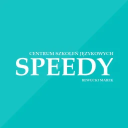 Grafika z nazwą 'SPEEDY' i dopiskiem 'Centrum Szkoleń Językowych Rewucki Marek' na turkusowym tle z subtelnym, ukośnym podziałem.