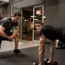 Kobieta wykonuje pompki z hantlami, nadzorowana przez uśmiechniętego mężczyznę w sportowym stroju, w tle widoczna bieżnia i drzwi.