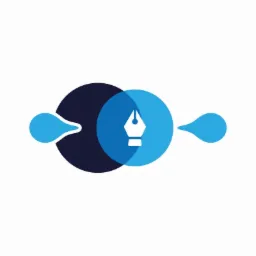 Abstrakcyjne logo: nakładające się niebieskie koła z piórem w środku i kroplami po bokach, symbolizujące kreatywność i projektowanie graficzne.