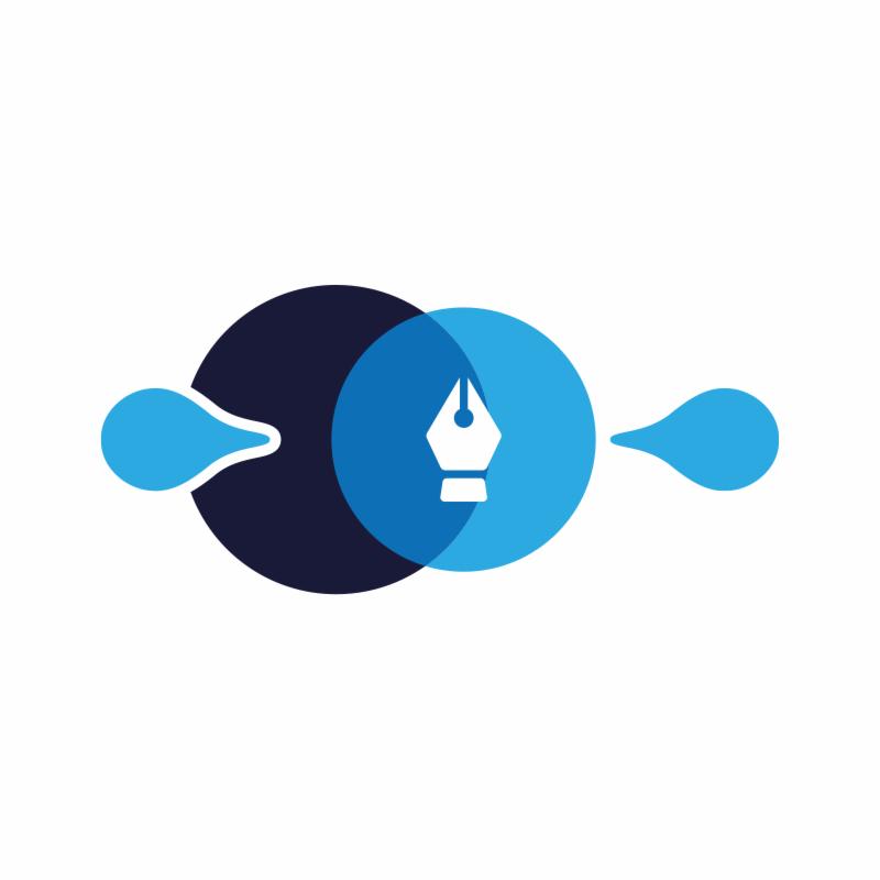 Abstrakcyjne logo: nakładające się niebieskie koła z piórem w środku i kroplami po bokach, symbolizujące kreatywność i projektowanie graficzne.