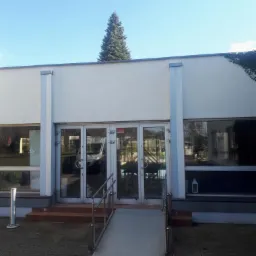 Wejście do budynku z rampą dla wózków inwalidzkich, widoczny van wewnątrz, iglaste drzewo wystające ponad dach.