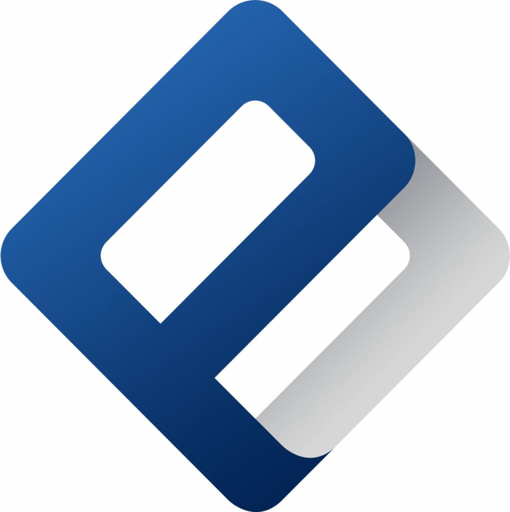 Niebiesko-szary, geometryczny logotyp firmy z Nowego Sącza, przypominający stylizowaną literę 'E' w rombie.