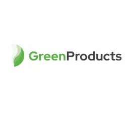 Logo firmy GreenProducts z zielonym symbolem liścia i napisem w kolorze ciemnej zieleni na białym tle.