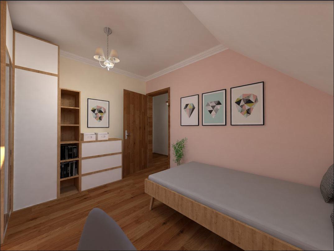 Wizualizacja pokoju na poddaszu w Koninie z drewnianą podłogą, łóżkiem z szarą pościelą, biało-drewnianą szafą, regałem i komodą, oraz trzema obrazkami z motywem geometrycznym na różowej ścianie.