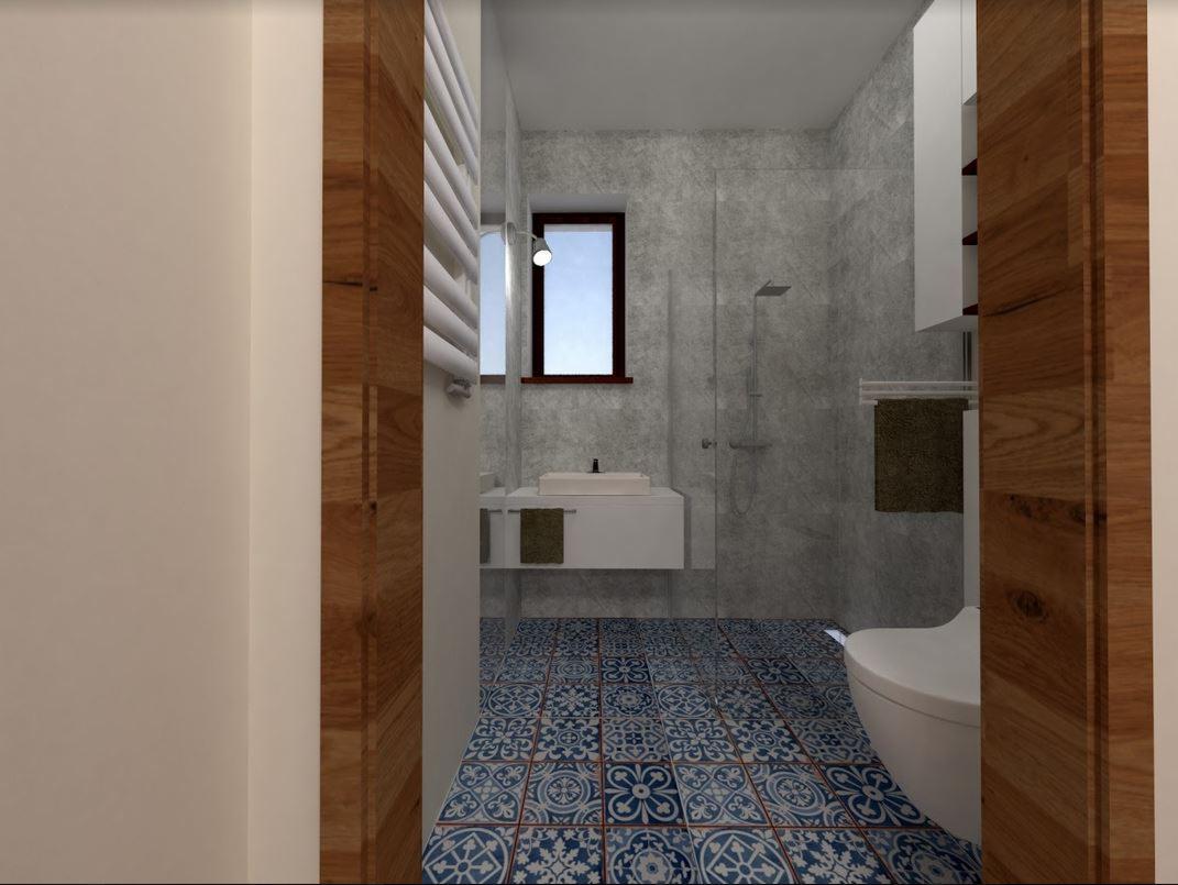 Wizualizacja łazienki z niebieską, wzorzystą podłogą, umywalką na szafce, kabiną prysznicową i drewnianymi elementami wykończeniowymi.