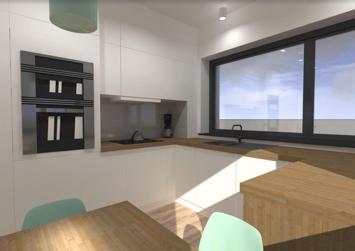 Minimalistyczna kuchnia z białymi szafkami, drewnianym blatem i dużym oknem z widokiem na niebo, z nowoczesnym piekarnikiem w zabudowie i turkusowymi krzesłami.