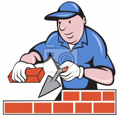 Ilustracja murarza w niebieskim uniformie, układającego cegły z kielnią. Grafika w stylu cartoon.