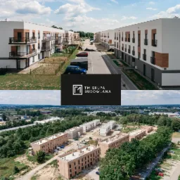 Dwa ujęcia osiedla mieszkaniowego: górne przedstawia ukończone budynki z balkonami w jasnej kolorystyce z brązowymi akcentami i zaparkowanymi samochodami, dolne ukazuje etap budowy z widocznymi...