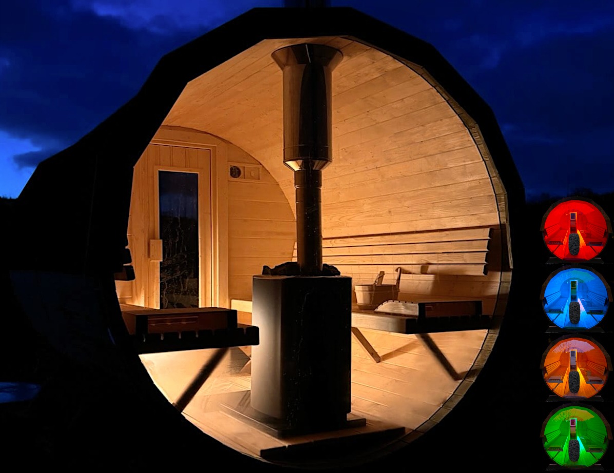 Wnętrze beczki sauny z piecem i drewnianym wyposażeniem, oświetlone ciepłym światłem, widoczne na tle nocnego nieba. Obok ikony zmiany kolorów.