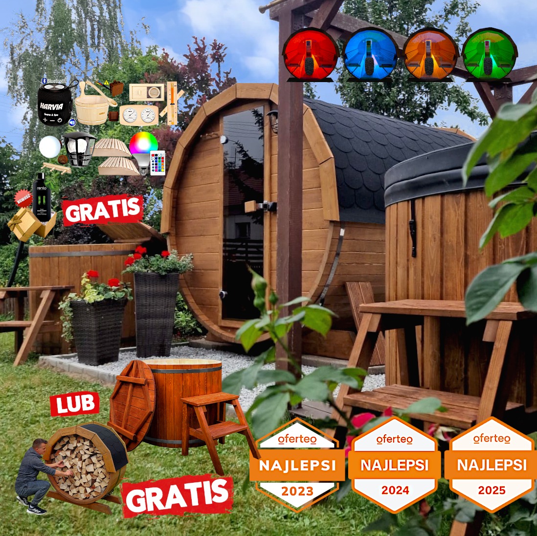 Drewniana sauna beczka z jacuzzi obok na zielonej trawie, z dodatkowymi akcesoriami i nagrodami Oferteo.pl, oświetlona kolorowymi lampami.