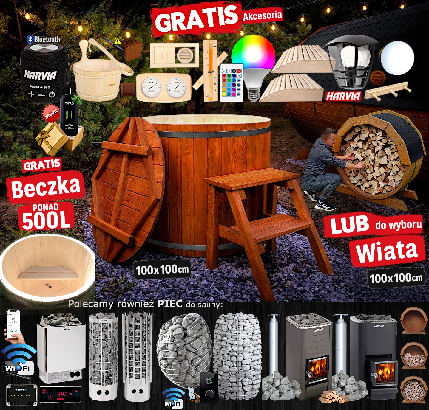 Kompletne wyposażenie sauny ogrodowej: beczka, akcesoria Harvia, piec, oświetlenie LED, wiata na drewno i schodki. Promocja: beczka 500L gratis.
