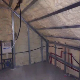 Poddasze z widoczną izolacją natryskową, metalową konstrukcją szkieletową, instalacją wodną z czerwonymi rurami i stelażem podtynkowym WC.