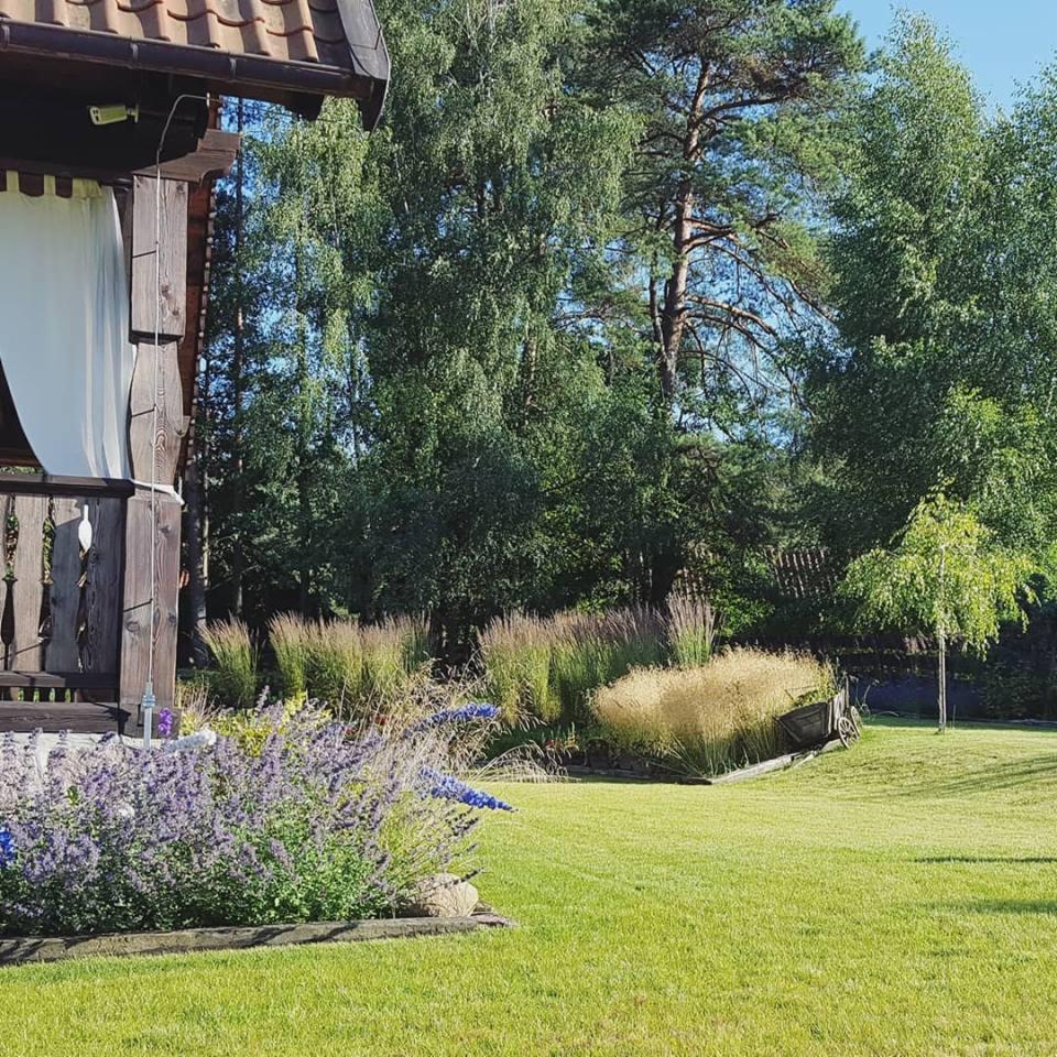 Ujęcie ogrodu z drewnianą altaną z białymi zasłonami, rabatą z kwitnącą lawendą i ozdobnymi trawami w tle.