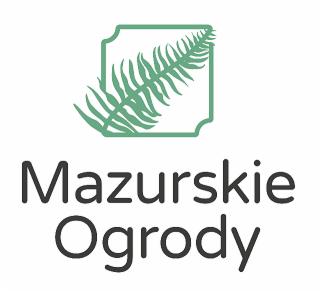 Logo firmy Mazurskie Ogrody z motywem zielonego liścia paproci w ozdobnej ramce.