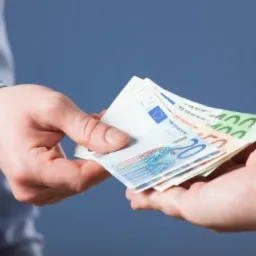 Dwie dłonie w biznesowych strojach wymieniające plik banknotów euro o różnych nominałach na tle jednolitego, niebieskiego tła.