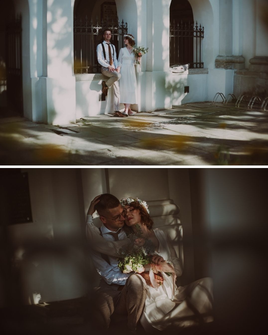 Dwie kadry z sesji ślubnej: para w stylizowanych strojach, on w szelkach, ona z wiankiem i bukietem, pozują na tle architektury w ciepłym świetle.