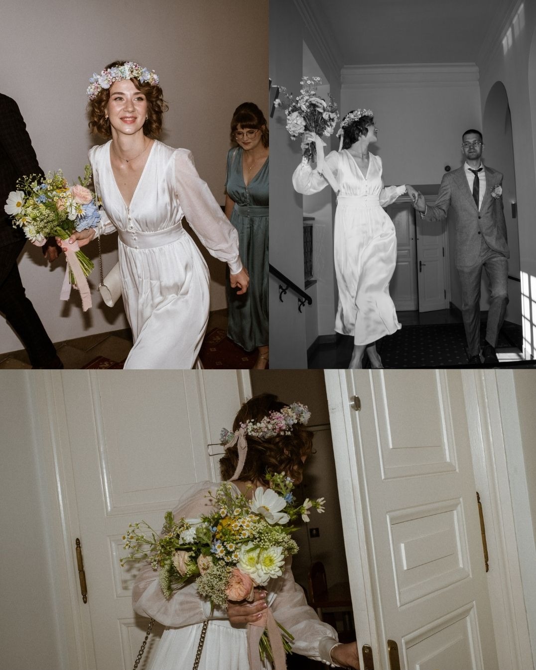 Kolaż: Panna młoda w Sieprawiu w sukni ślubnej z bukietem i wiankiem na głowie, w kolorze i czerni i bieli, wchodząca do pokoju.