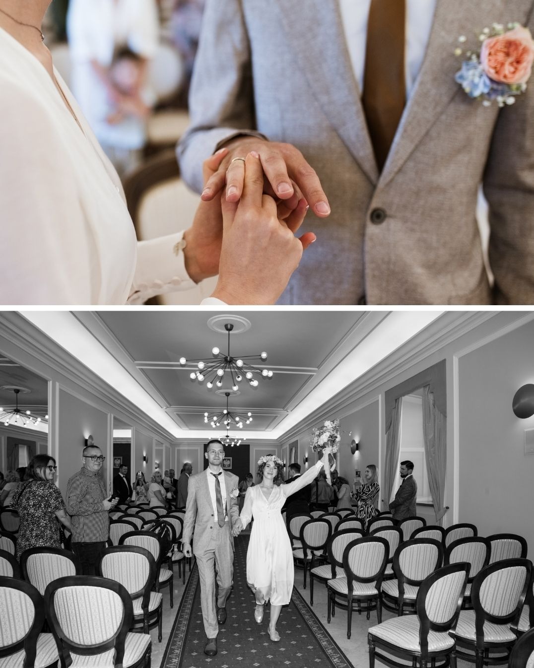 Czarno-białe zdjęcie z ceremonii ślubnej: wymiana obrączek w zbliżeniu i para młoda opuszczająca salę, otoczona gośćmi i rzędami krzeseł.
