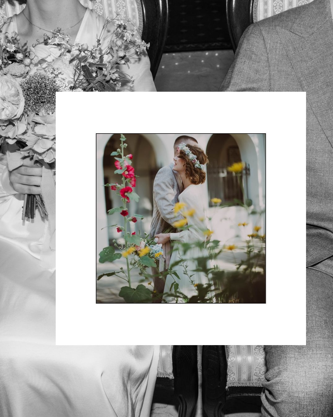 Para młoda w objęciach, otoczona kwiatami na tle arkad. Panna młoda z wiankiem, delikatne światło, romantyczna atmosfera. Unikalna kompozycja z elementami czarno-białymi.