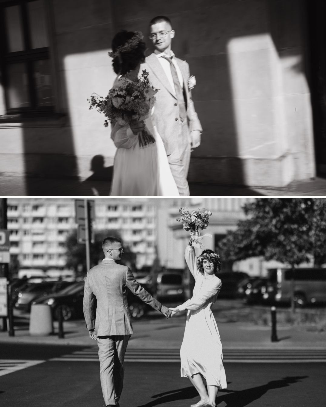 Czarno-białe ujęcie pary młodej: panna młoda w wianku i sukni, pan młody w garniturze. Dwa kadry: spacer po mieście i trzymanie się za ręce na przejściu dla pieszych.
