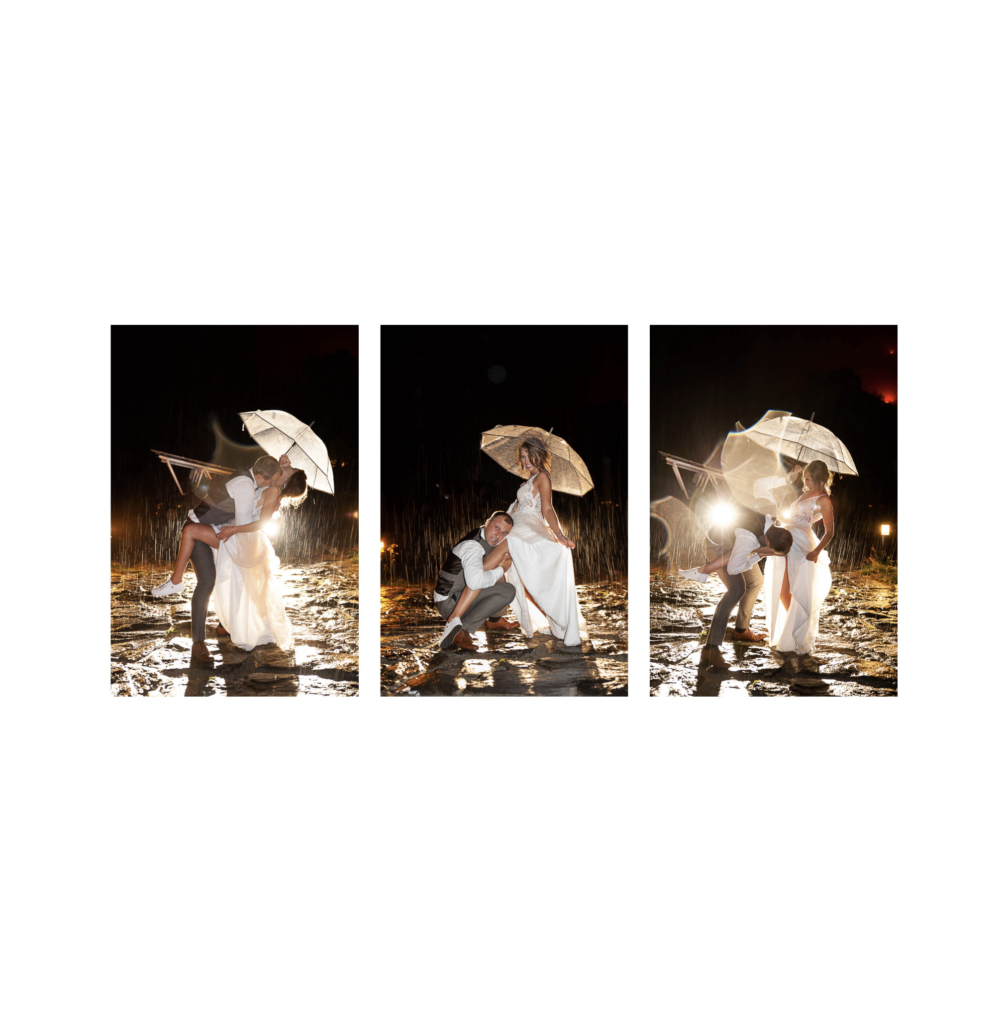 Kolaż trzech ujęć pary młodej w deszczu: pocałunek pod parasolem, pan młody klęczący obok panny młodej, taniec w strugach deszczu, nocne oświetlenie.