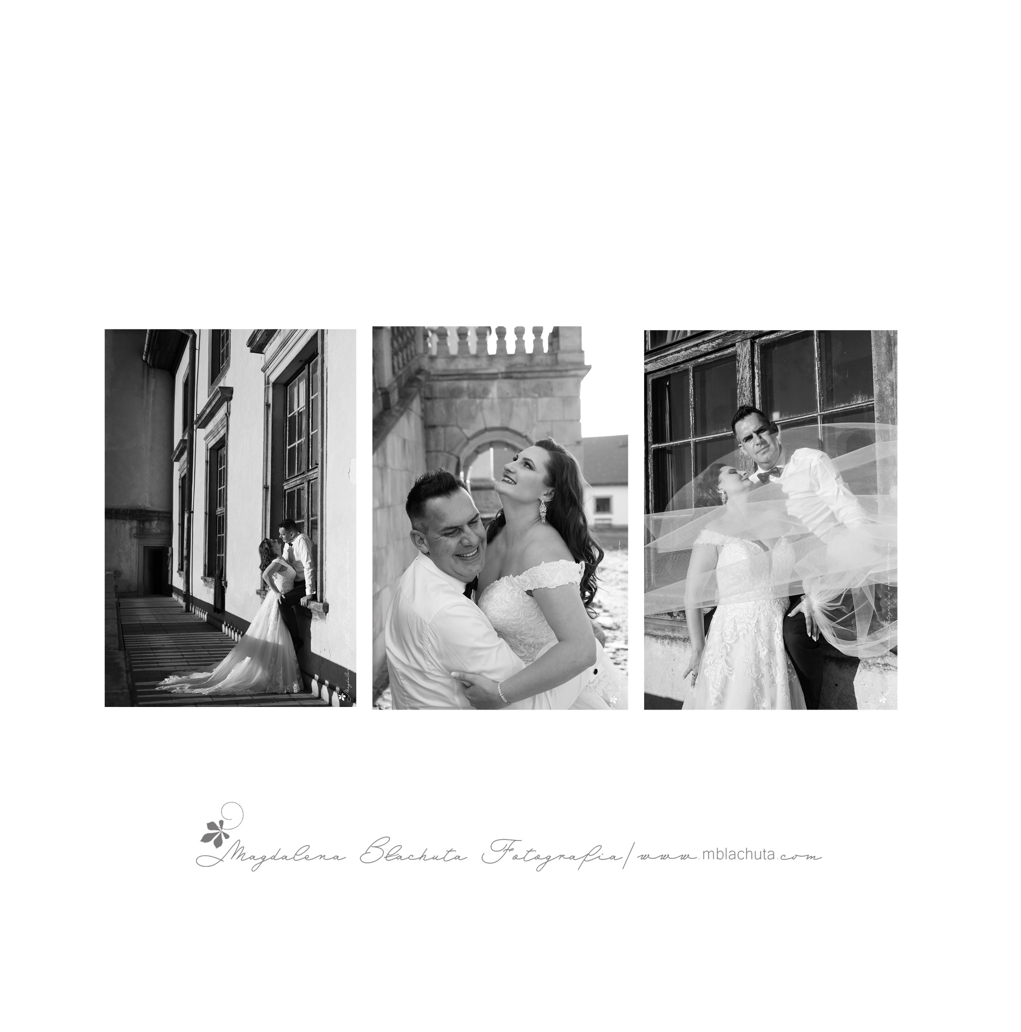 Czarno-biały kolaż z trzech ujęć pary młodej: na schodach, pod kamiennym łukiem i za woalką, z widocznym logo fotografa na dole.