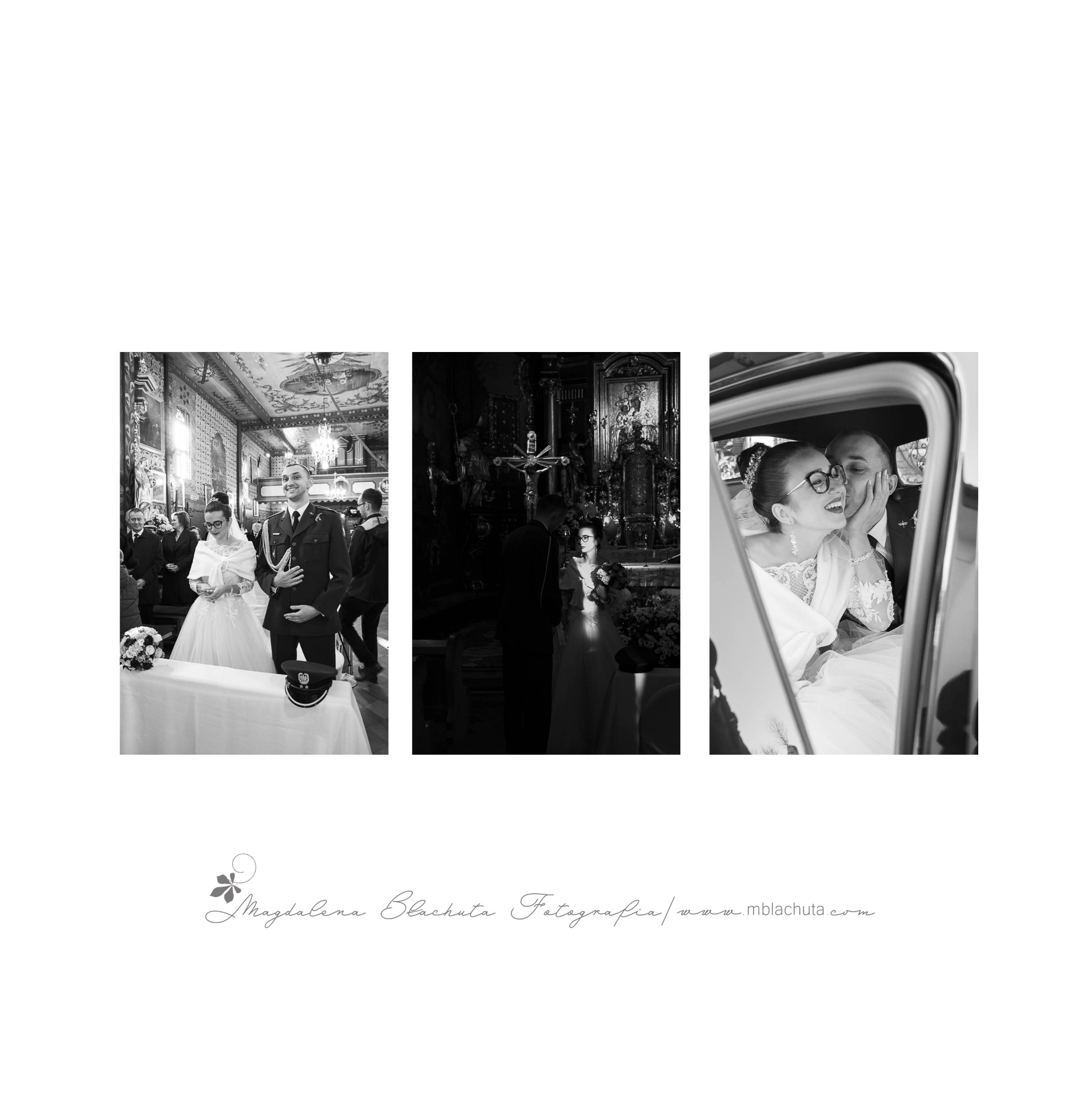 Czarno-biały kolaż trzech scen z uroczystości ślubnej: para młoda w kościele, zbliżenie na ołtarz z parą młodą i para młoda w samochodzie.
