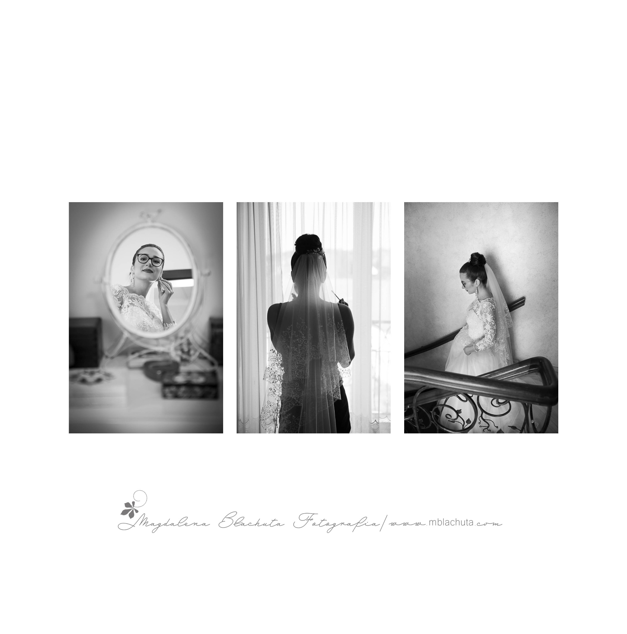 Czarno-białe kolażowe ujęcie panny młodej w sukni ślubnej: makijaż przed lustrem, przygotowania z welonem przy oknie i zejście po schodach z ozdobną balustradą.