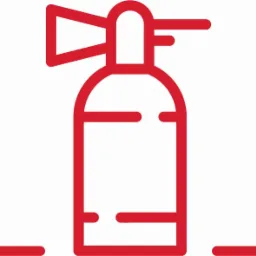 Czerwona ikona gaśnicy na białym tle, stylizowana grafika wektorowa z uproszczonym kształtem i detalami, symbolizuje bezpieczeństwo przeciwpożarowe.
