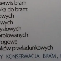 Tekst na kartce papieru z ofertą montażu, serwisu bram wjazdowych, garażowych, przemysłowych, szybkoroletowych, zapór drogowych oraz serwisu doków przeładunkowych. Oferta obejmuje przeglądy...
