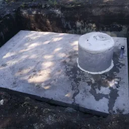 Betonowa płyta fundamentowa z betonowym kręgiem w wykopie, uszczelniona pianką montażową, widoczna puszka z pianką obok, świeżo zasypana ziemia wokół.