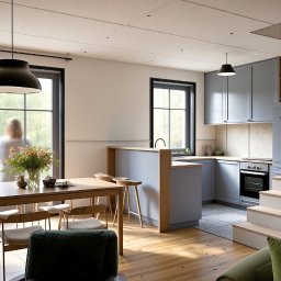 JELCONSULTING SP. Z O.O. - Jasne wnętrze z drewnianą podłogą i stołem z kwiatami. W tle widoczna kuchnia w odcieniach szarości i ceglana ściana. Duże okno z widokiem na zieleń.