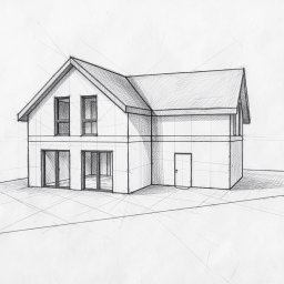 JELCONSULTING SP. Z O.O. - Ręczny szkic architektoniczny dwupiętrowego domu jednorodzinnego z dwuspadowym dachem, wykonany ołówkiem na białym papierze, z widocznymi oknami i drzwiami.