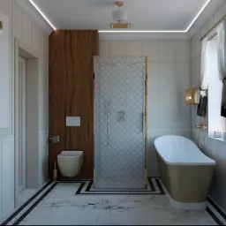 Wizualizacja luksusowej łazienki z wolnostojącą wanną w kolorze beżowym, kabiną prysznicową z wzorzystymi szybami, podwieszaną toaletą i marmurową podłogą z czarnymi akcentami.
