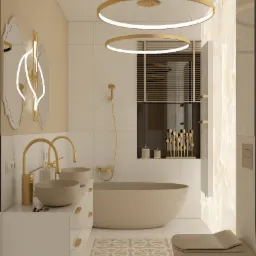 Beżowa łazienka z okrągłymi lampami, owalną wanną i umywalkami na blacie. Lustra z podświetleniem i geometryczna podłoga dodają elegancji.