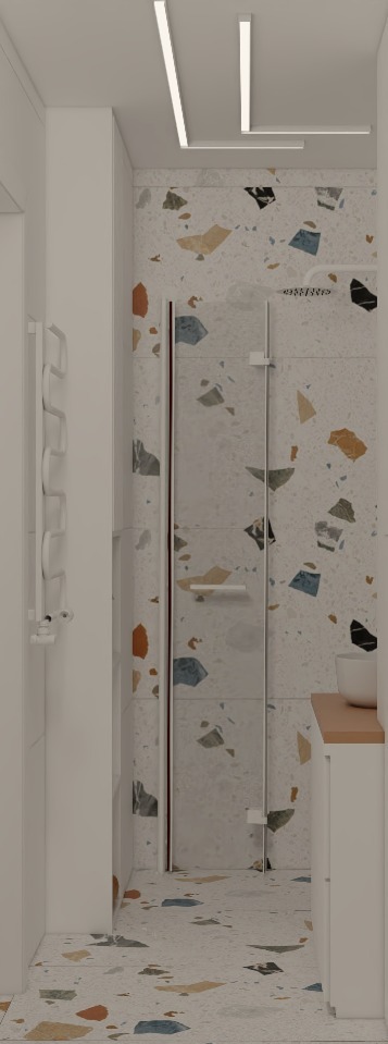 Wizualizacja łazienki z kabiną prysznicową i grzejnikiem drabinkowym, wykończona płytkami lastryko w odcieniach beżu, błękitu i czerni, oświetlona dwoma liniowymi lampami LED.