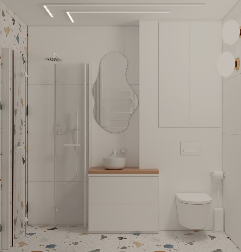 Wizualizacja minimalistycznej łazienki w bieli z akcentami drewnianymi, nieregularne lustro nad umywalką, kabina prysznicowa z odpływem liniowym, płytki podłogowe imitujące lastryko.