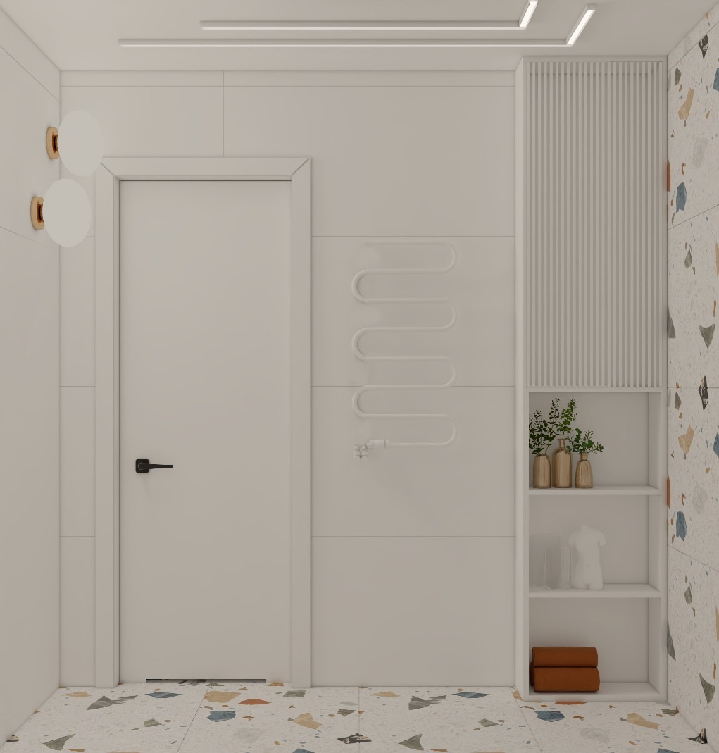 Wizualizacja łazienki w jasnych barwach z terazzo na podłodze i ścianie, grzejnik drabinkowy w formie dekoracyjnej spirali, półki z dekoracjami i ręcznikami, minimalistyczne oświetlenie sufitowe...