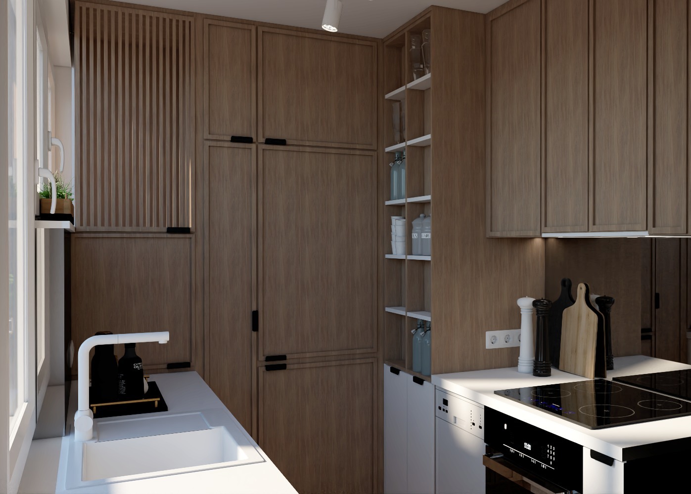 Nowoczesna kuchnia z drewnianymi szafkami, białym blatem, minimalistyczną armaturą i otwartymi półkami z dekoracyjnymi słoikami.