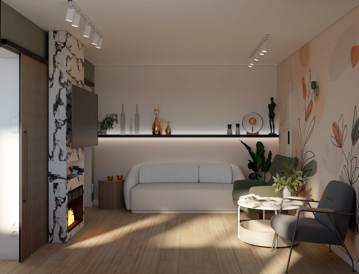 Wizualizacja salonu z marmurowym kominkiem, białym narożnikiem, szarymi fotelami i ścianą z motywem roślinnym, oświetlona punktowymi lampami.