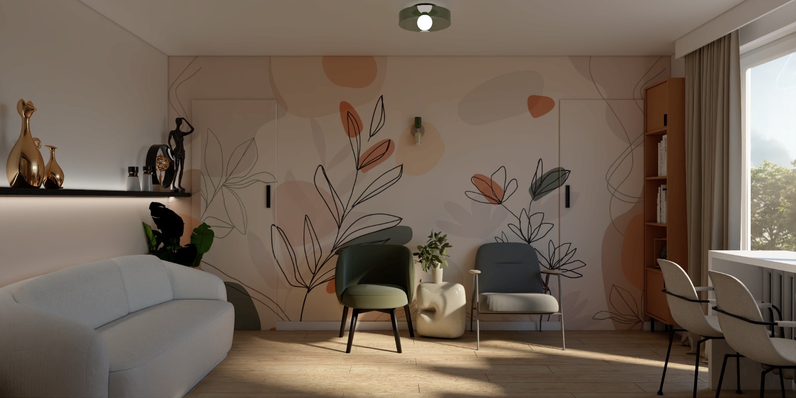 Wizualizacja jasnego pokoju z sofą, krzesłami, regałem i ścianą z motywem roślinnym, oświetlonego naturalnym światłem.