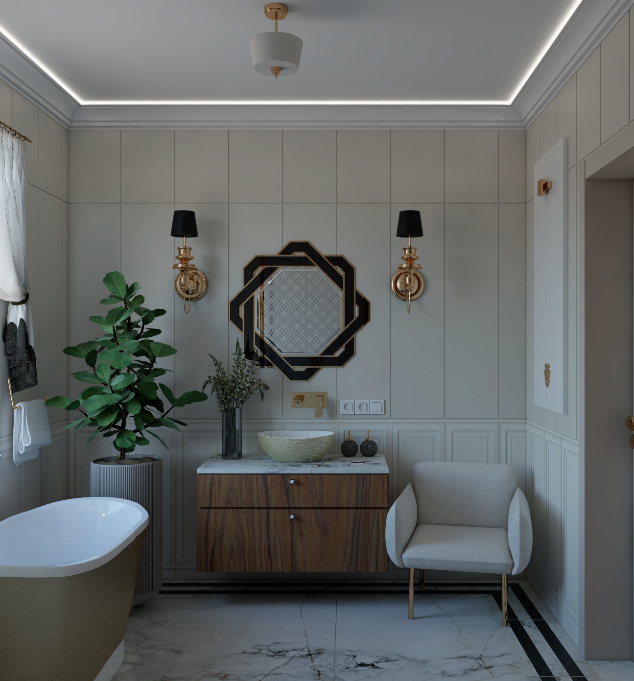 Elegancka łazienka z wolnostojącą wanną, drewnianą szafką pod umywalkę z beżową misą, ośmiokątnym lustrem w czarnej ramie i marmurową podłogą z czarnymi akcentami.