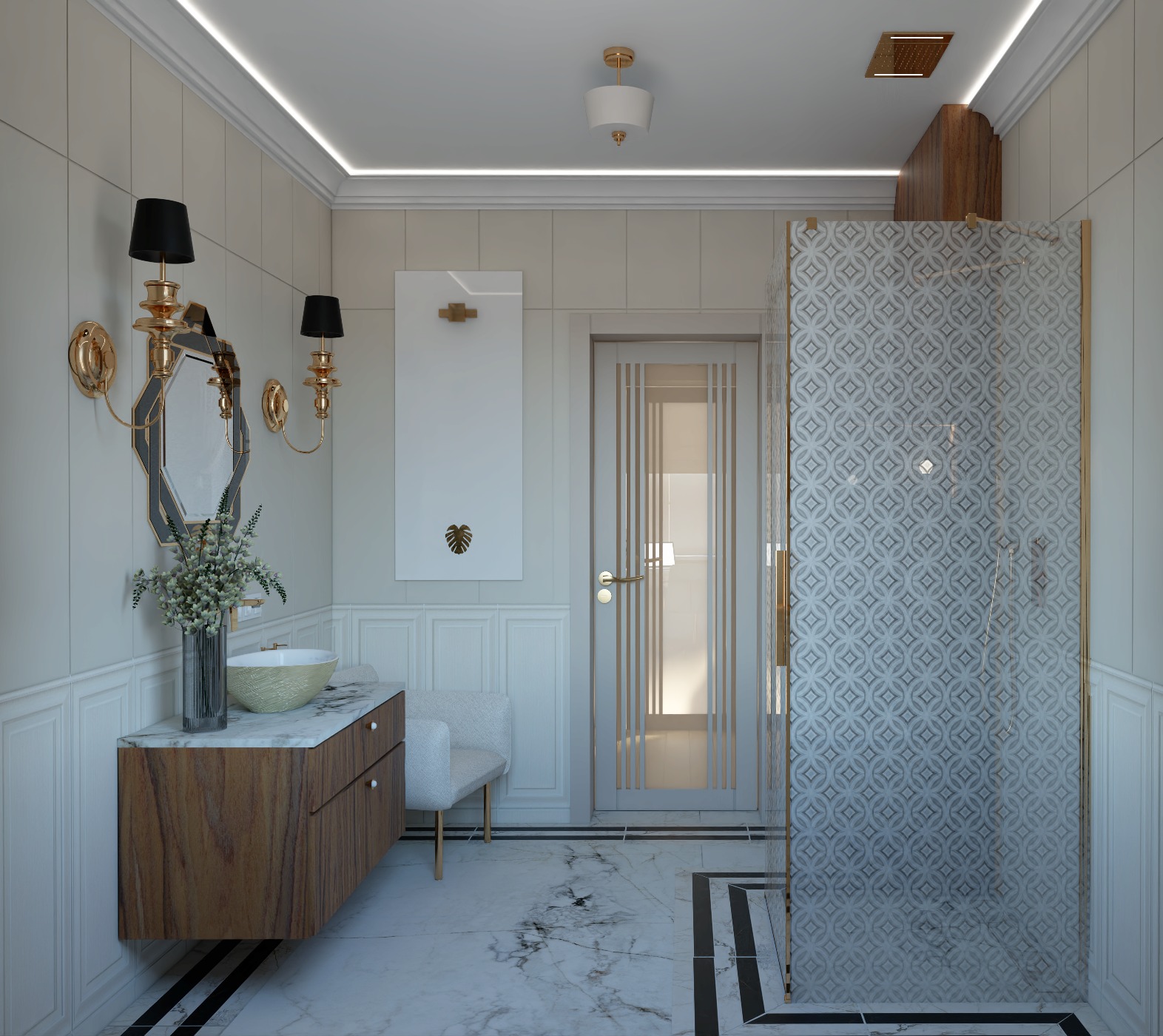 Elegancka łazienka z marmurową podłogą, drewnianą szafką pod umywalką z blatem z marmuru, ozdobnym lustrem i kabiną prysznicową z wzorzystą szybą. Na ścianie biała dekoracja z motywem liścia.