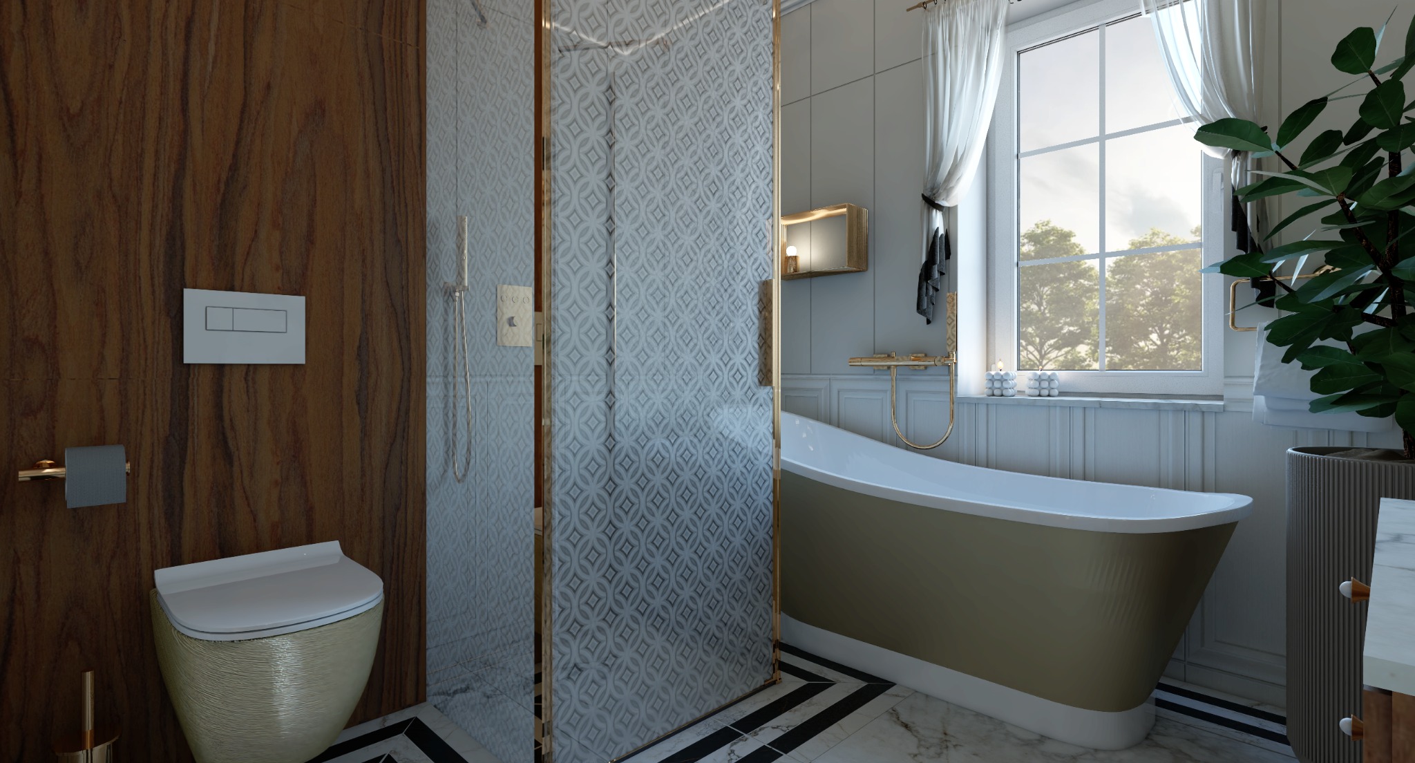Elegancka łazienka z kabiną prysznicową o wzorzystej szybie w złotej ramie, wolnostojąca wanna w odcieniach beżu, drewniana ściana z nowoczesnym panelem WC i marmurowa podłoga w czarno-białe pasy.