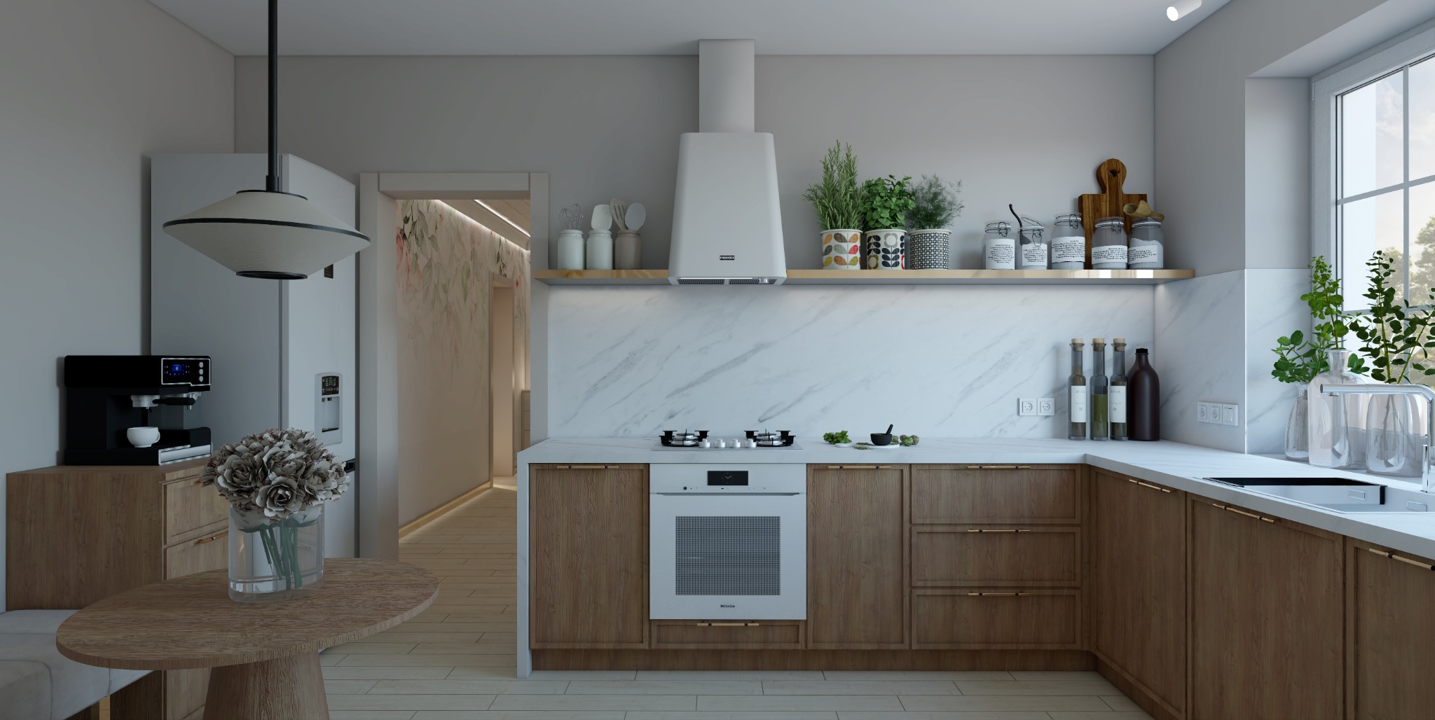 Wnętrze kuchni w neutralnej kolorystyce z drewnianymi szafkami, marmurowym blatem i białymi sprzętami AGD, ozdobione ziołami w doniczkach i dekoracyjnymi słoikami na półce.